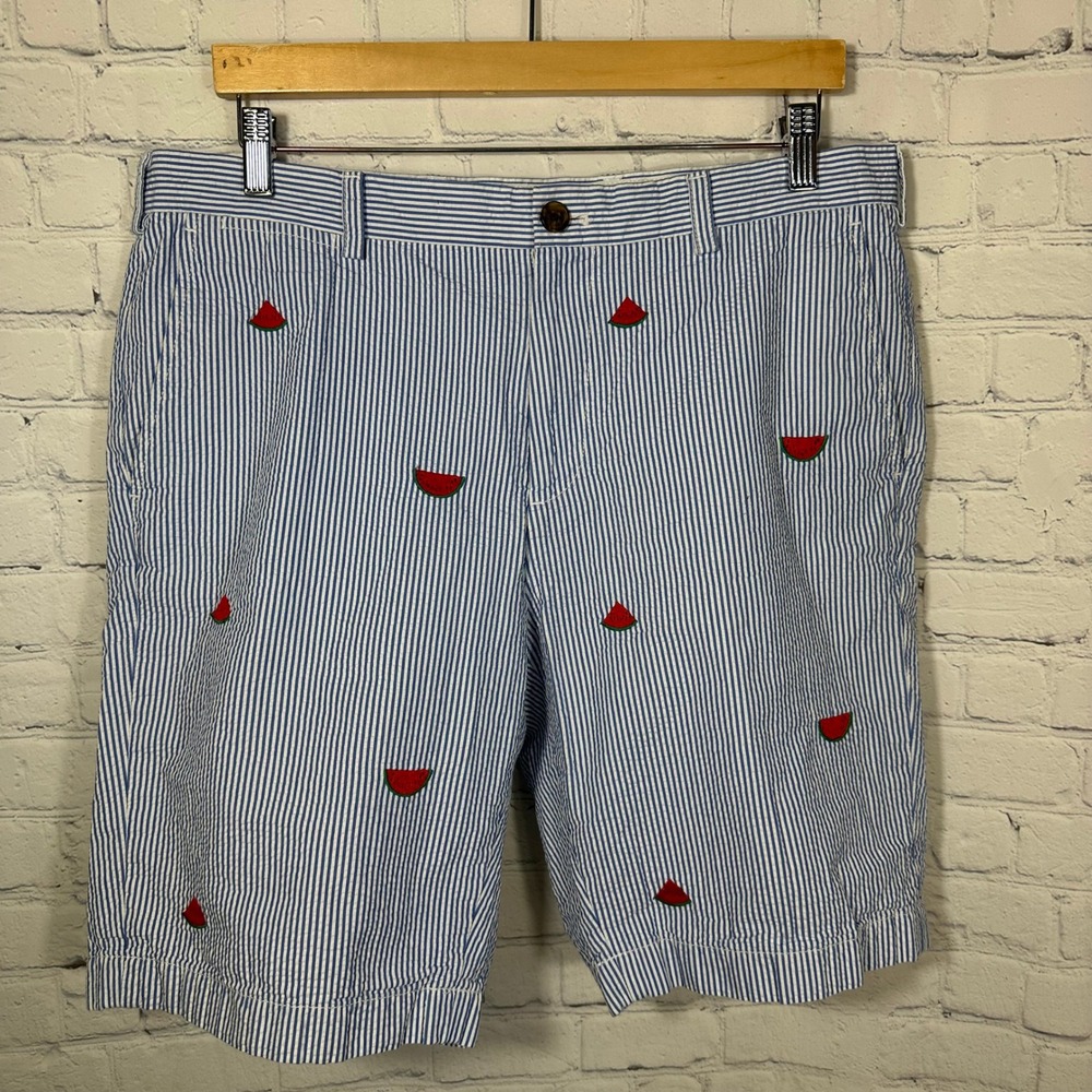 Brooks Brothers Mens 36 Seersucker Watermelon Embroidered Striped Shorts Blue